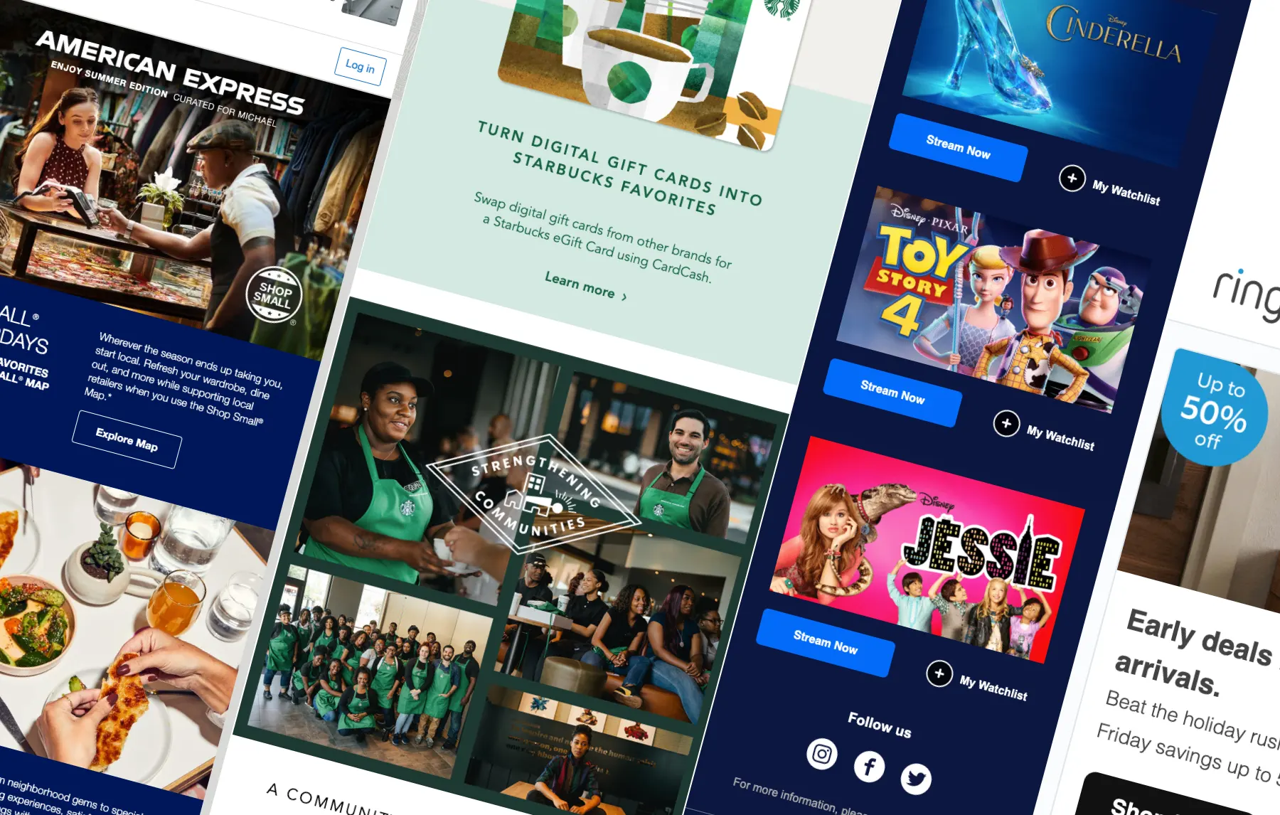 Email Development - Image showing Amex, Starbucks, Disney and Ring email layouts.